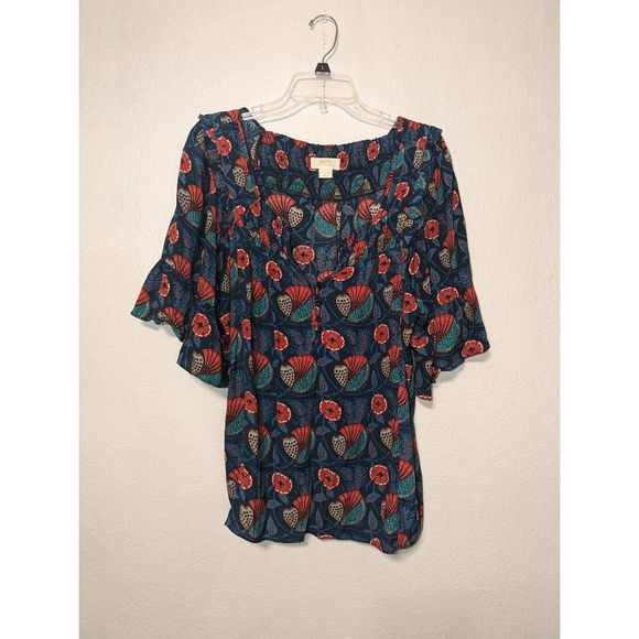 Women's Anthropologie Maeve XL Letitia Smocked Blouse Teal Poppy Babydoll Shirt - Picture 9 of 11